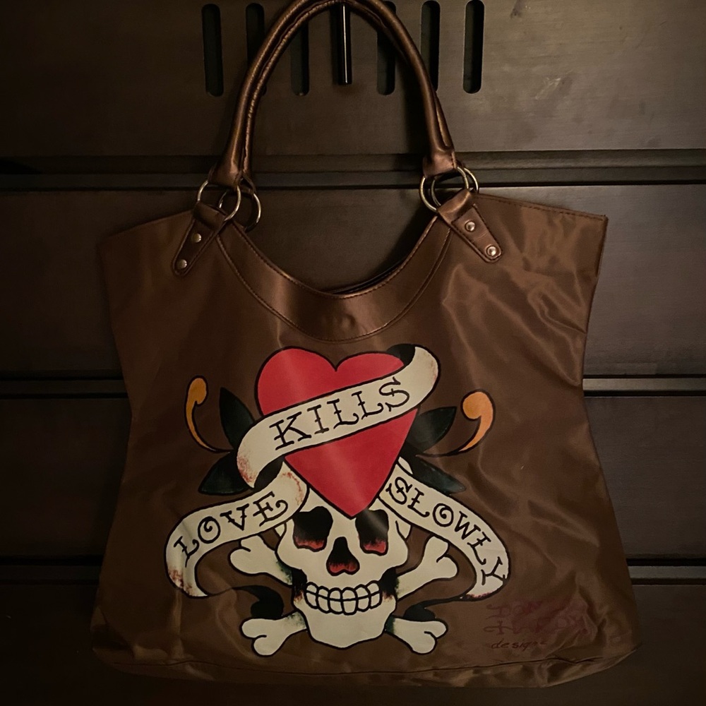Ed Hardy Brown Skull Tote Bag